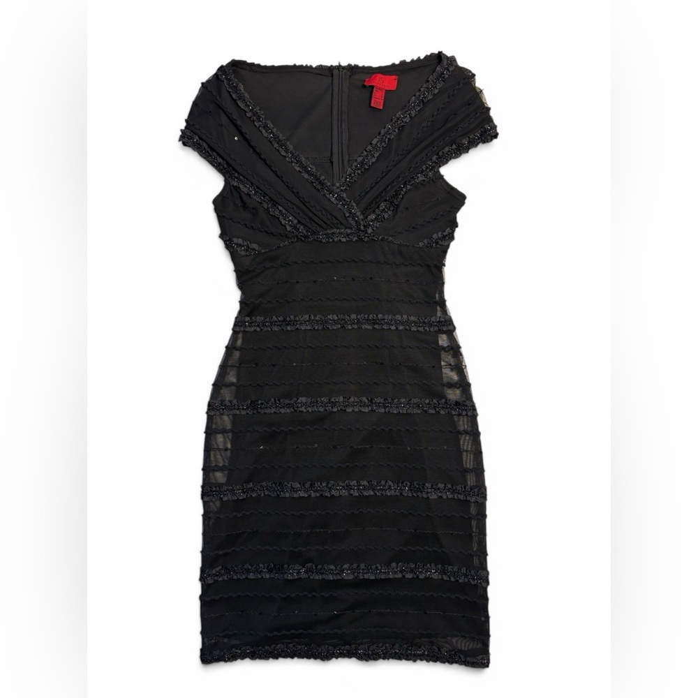 JS Collections Black Mesh-Panel Sequin Midi Dress Classic Feminine LBD 6